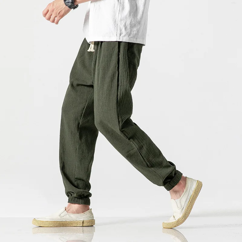 Pantalones bombachos de estilo chino para hombre, ropa de calle informal, de chándal de lino y algodón, hasta el tobillo, S-4XL