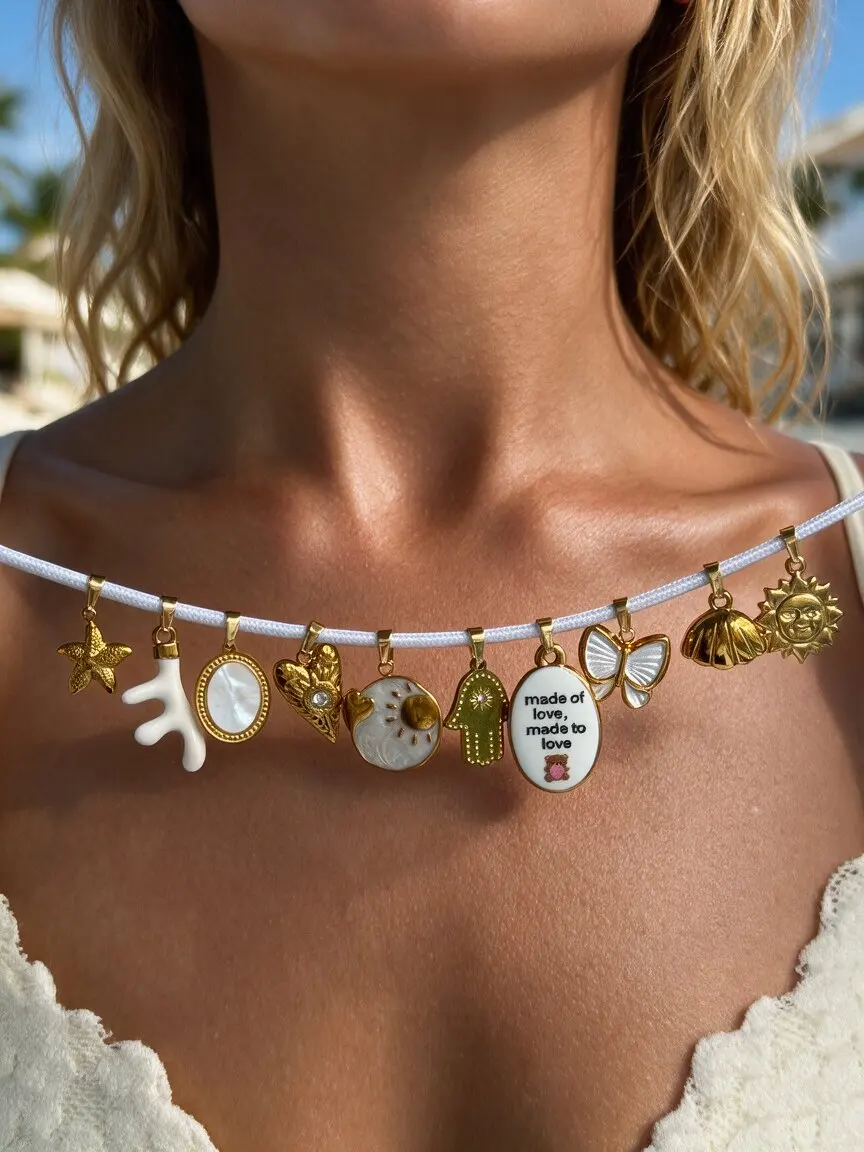 Peri'sbox Multiple Rhinestone Enamel Natural White Shell Printed Pendants Magnetic Necklaces Women's DIY Handmade Daily Jewelrys