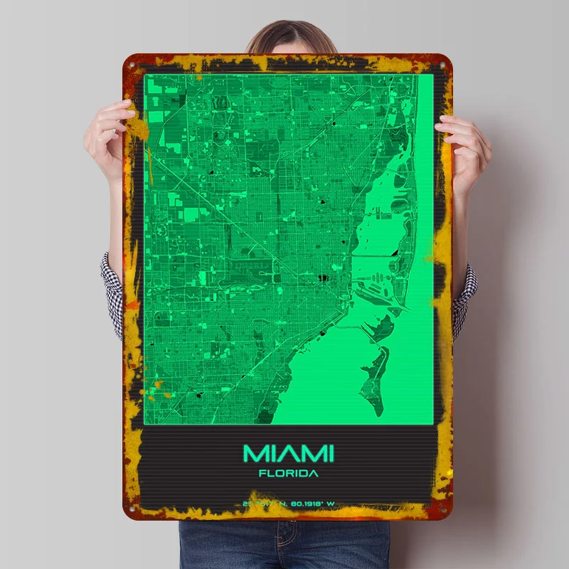 Miami Florida Map City Poster Customized Wall Art Vintage Metal Signs Retro Tin Plaque for Man Cave Gamer Room Decoration Decor