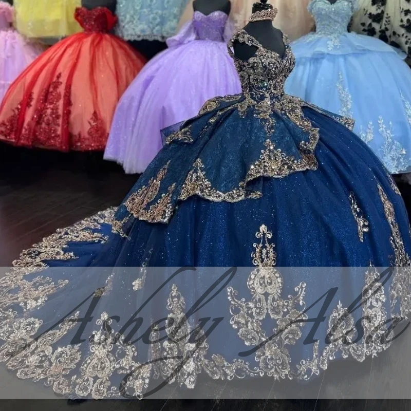 Customized Navy Blue Women Prom Dresses Ballgown V Neck Gold Sequined Applique Vestido De xv Anos Sweet 14 15 Quinceanera Dress