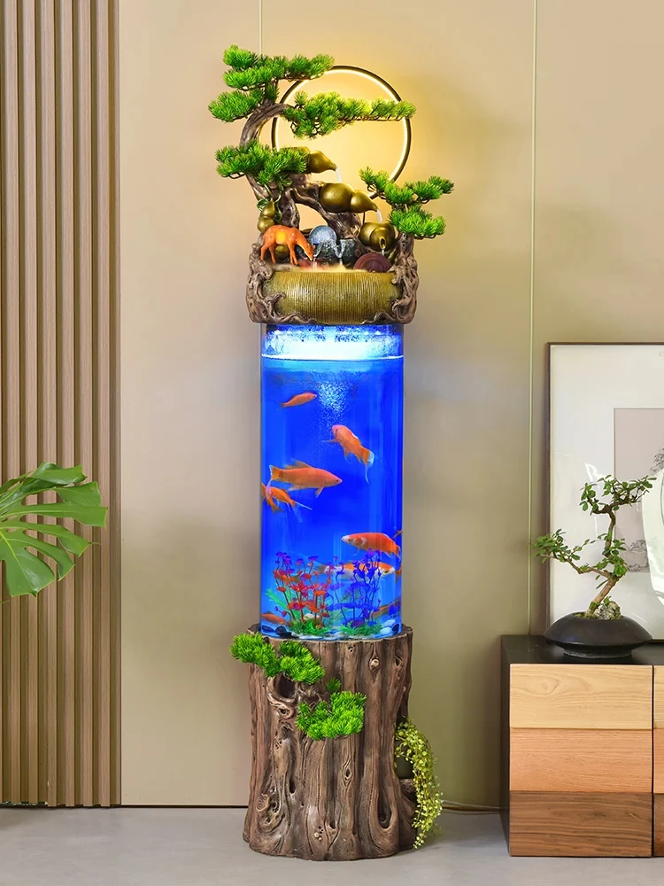 Chinese Modern Fish Tank Decoration Living Room Floor Make a Fortune as Endless Flowing Water Waterscape Fountain Humidifier