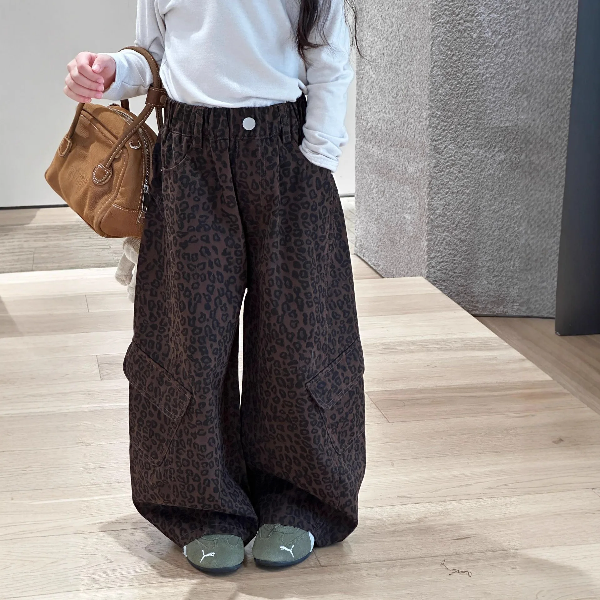 

Kids Clothes Fleece Pants Winter Girl Casual Loose Korean-style Fashionable Leopard Print Handsome Cargo Pants Winter Daily Pant