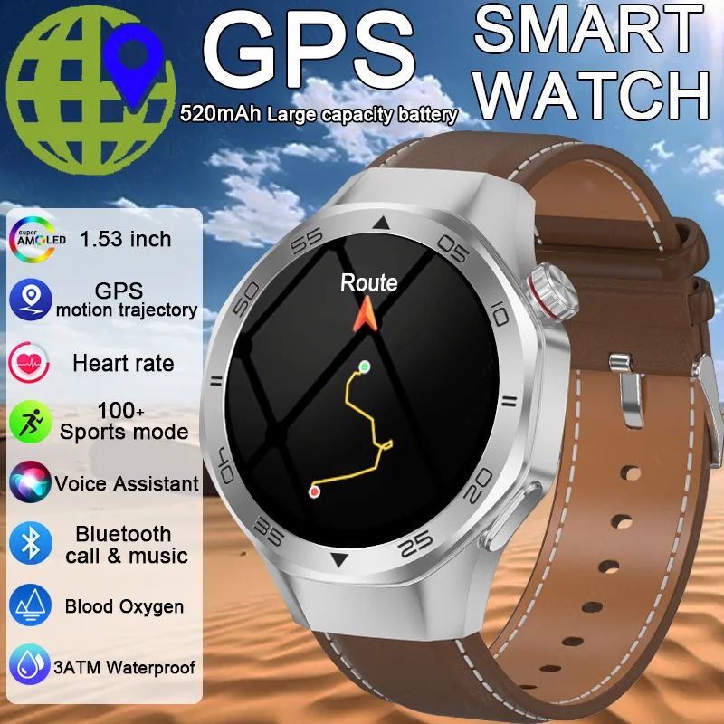 

Новинка 2025 года для HUAWEI GPS Спортивные умные часы 1,53-дюймовый экран Bluetooth Компас для вызова 3ATM Водонепроницаемые 520 мАч Смарт-часы с пульсометром для мужчин