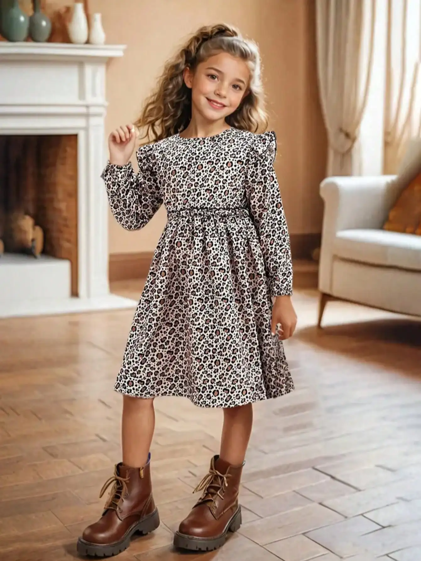 Elegantes, vielseitiges Kleid mit Leopardenmuster und langen Ärmeln für Mädchen, aus schmalem Strickstoff mit ausgestellten Rüschenkanten-Details. – Detail 12