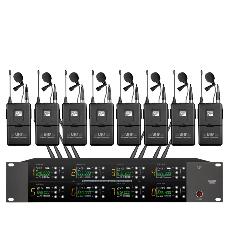 نظام ميكروفون لاسلكي UHF احترافي 8 قنوات ميكروفون أداء مرحلة الكنيسة المدرسية