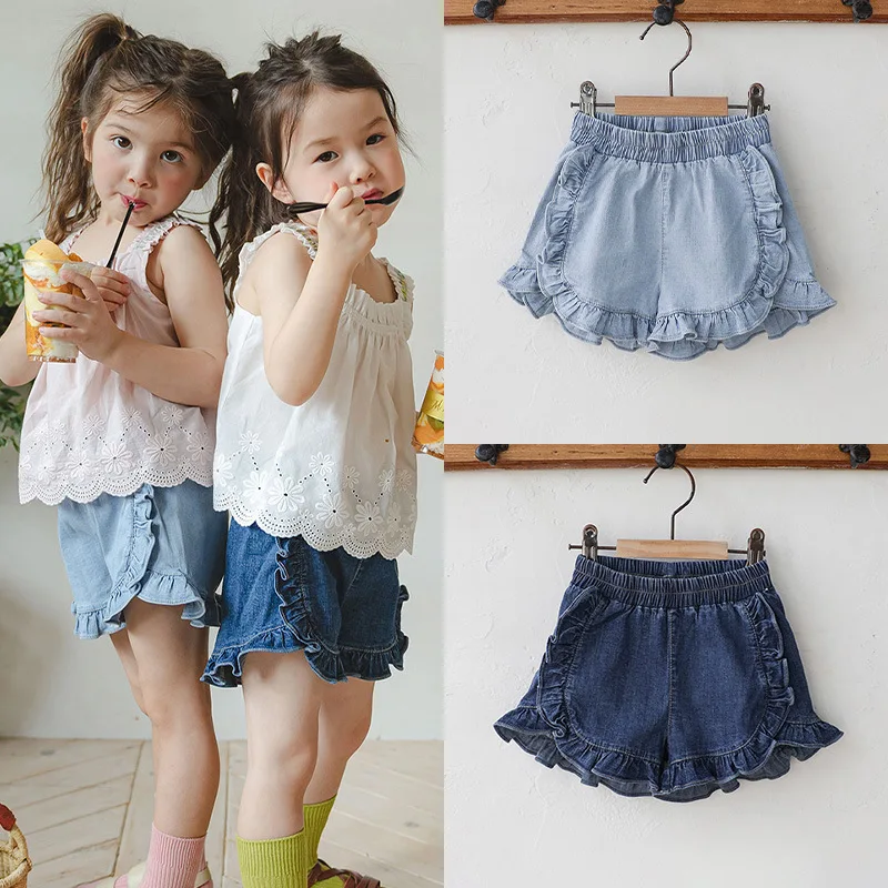 

Джинсовые шорты для девочек, лето 2025 г., хлопковые джинсовые шорты с эластичной резинкой на талии для детей и девочек