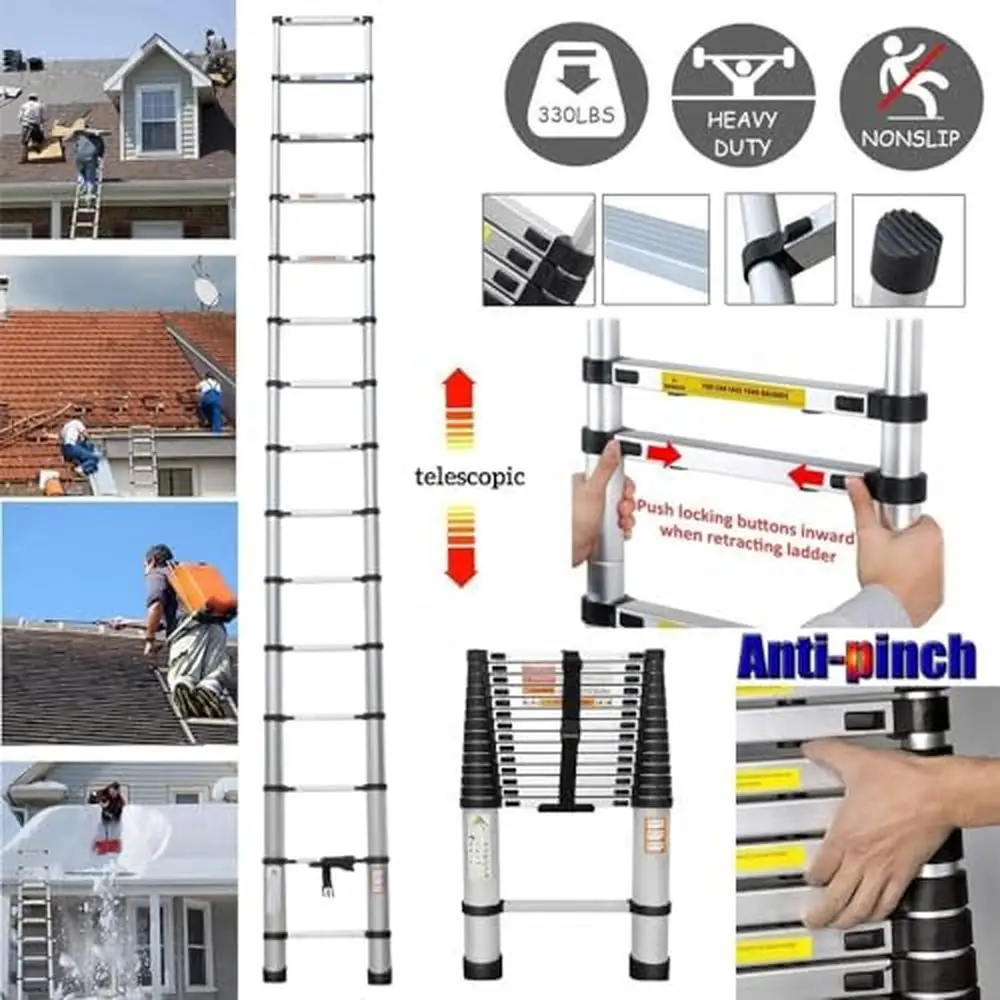 Compact 14.4FT Telescoping Ladder Lightweight Aluminum Extension Ladder Non-Slip Stability Multi-Purpose