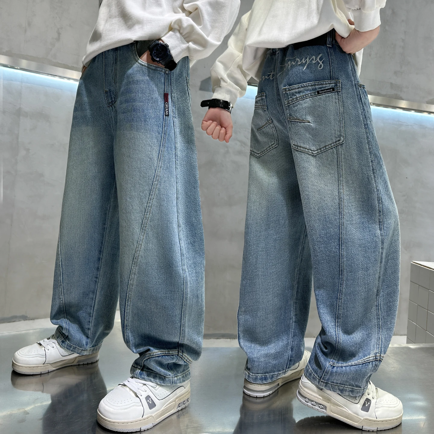 

Джинсы Spring Sle для мальчиков с вышивкой, повседневные универсальные длинные брюки, модные трикотажные свободные прямые брюки на весну-осень