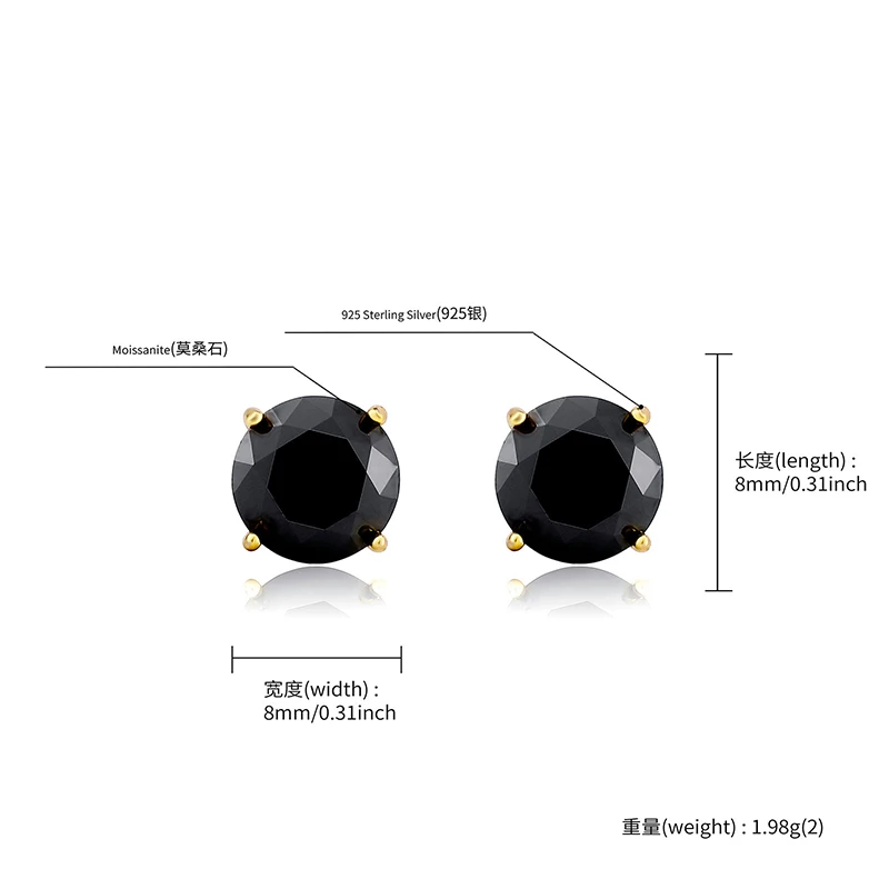 Black Moissanite S925 Sterling Silver Round Stud Earring for Men Women Hip Hop Earrings Bling Ice Out Rapper Jewelry