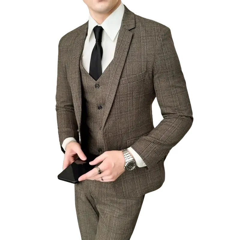 

New M-5XL (Blazer+ Vest + Pants) for Men. Fashion. Casual. Linen. Gentleman. British Style. Singer Performance. Dress. Suit.
