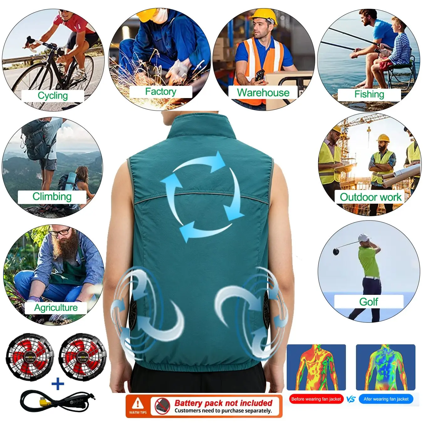 12V 5V USB Sleeveless Cooling Fan Vest Breathable Air Conditioner Waistcoat Unisex Summer Outdoor Camping Fishing Heat Resistant