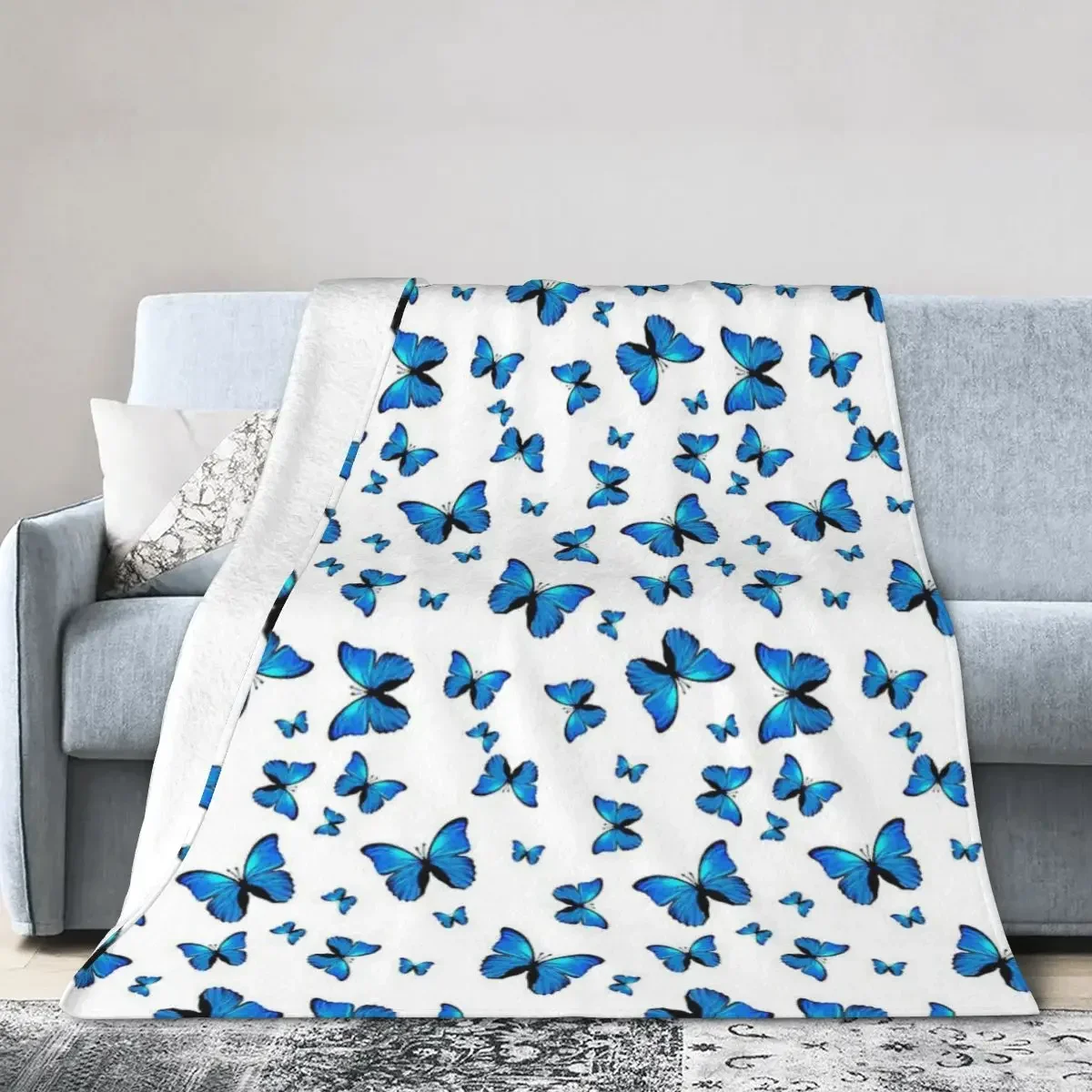 Blue Butterflies Print Blankets Soft Warm Flannel Throw Blanket Cover for Bed Living room Picnic Travel Home Sofa