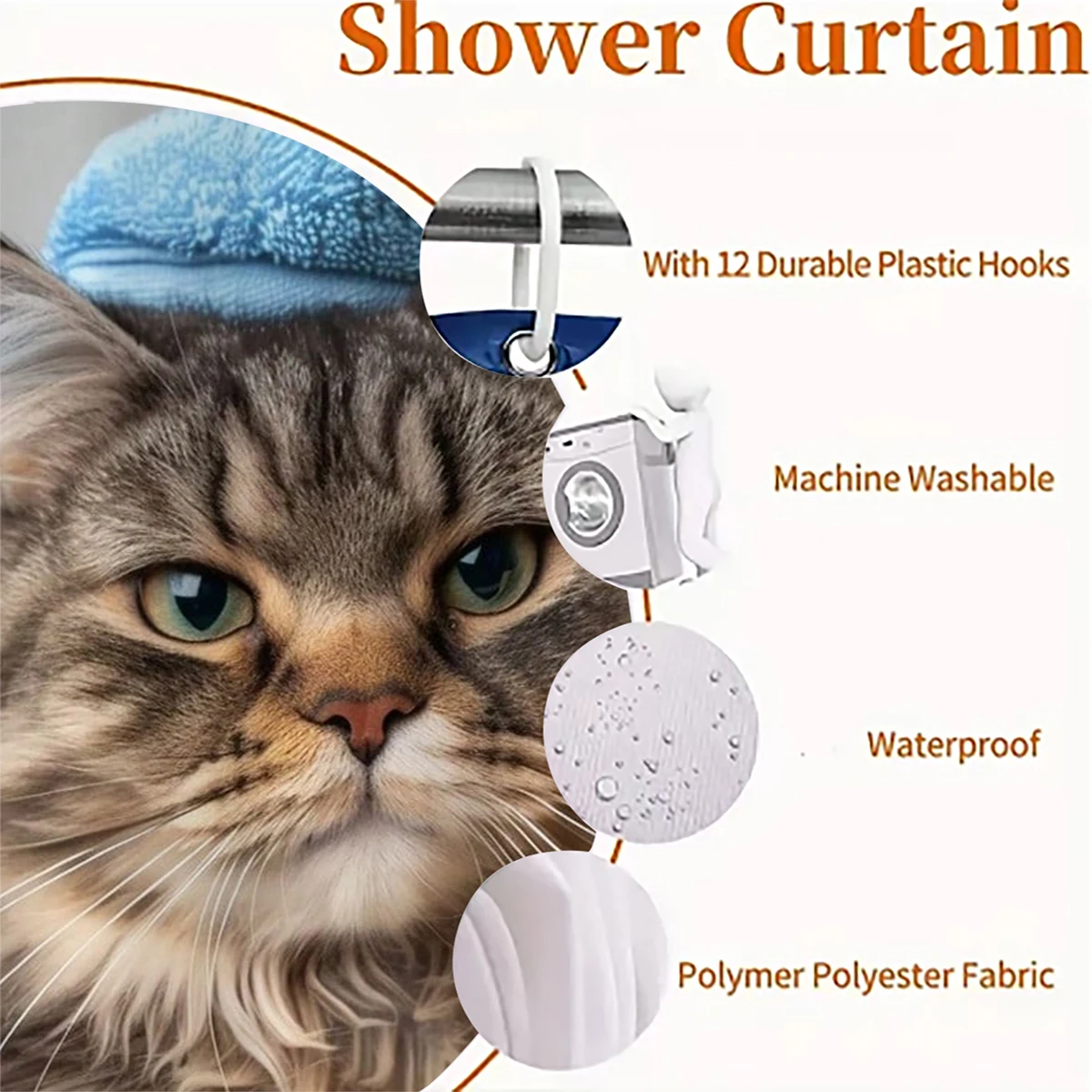 1 pc shower cat pattern polyester material shower curtain waterproof fabric, thickened anti mold partition curtain for bathr