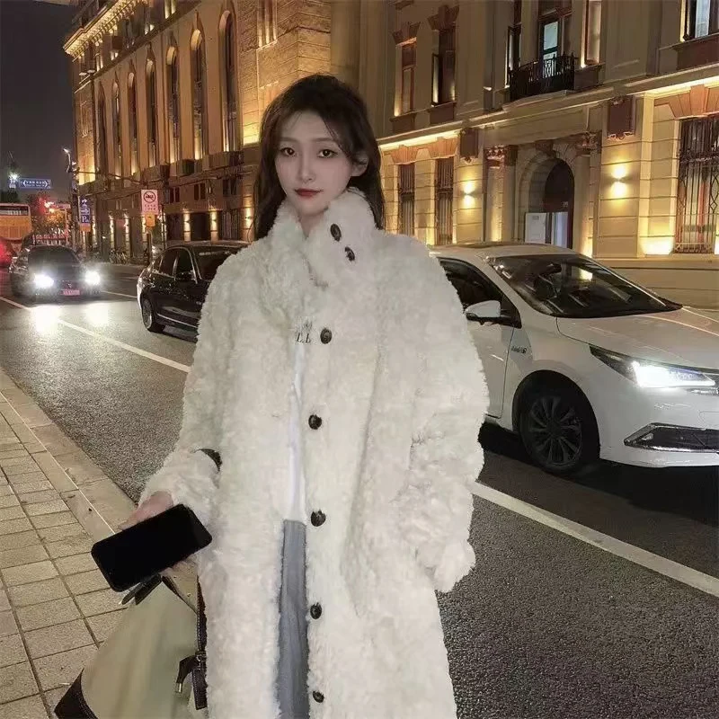 Lamb Wool Long Jackets Women Winter Warm Stand Collar Loose Fur Outerwear Y2K Korean Fashion Long Sleeve All Match Fake Fur Coat