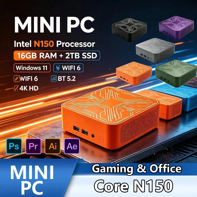 Intel Core N150 Mini PC,32GB RAM 2TB SSD Win11 WiFi6 BT5.2 4K UHD Portable Workstation for Gaming Streaming & Video Editing