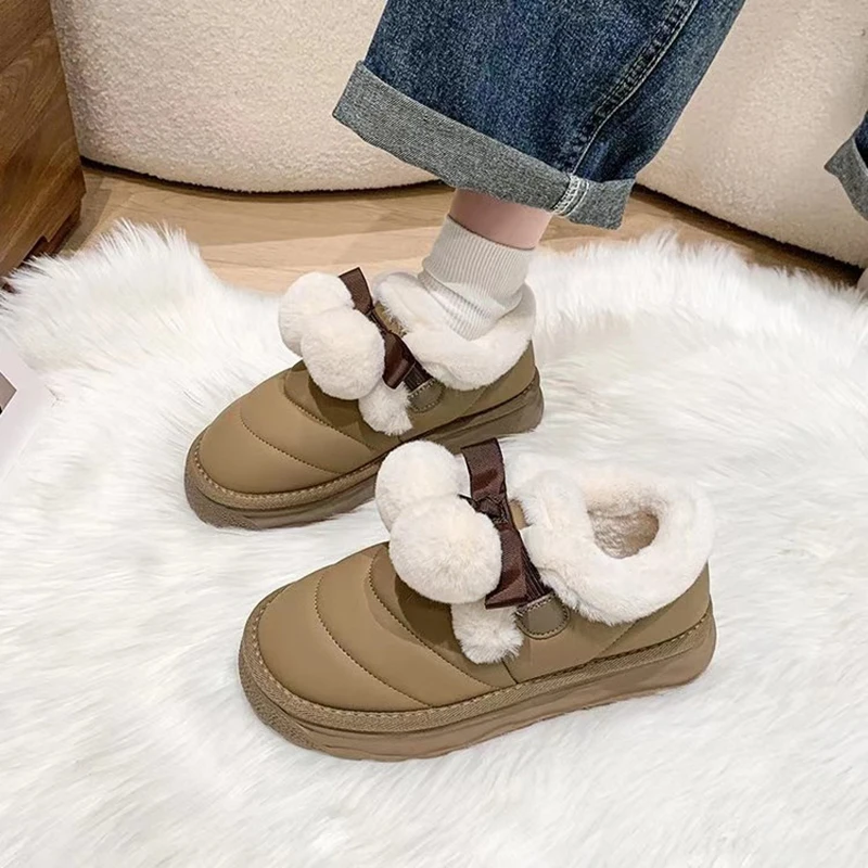 Fashionable Women's Snow Boots Winter Warm Plus Velvet Cotton Slippers New Student Fairy Style Bow Short-tube Flat Cotton Shoes