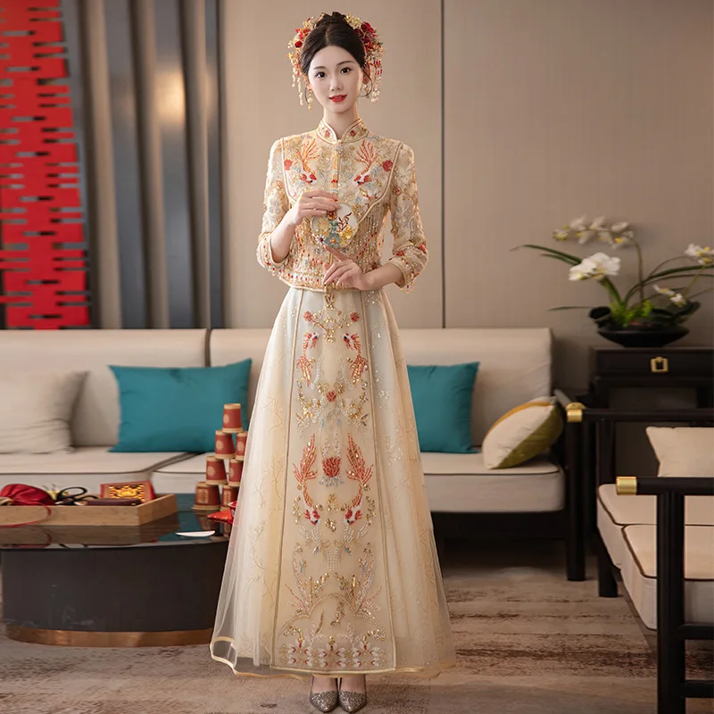 

Champagne Beaded Sequins Embroidery Chinese Xiuhe Clothing Traditional Wedding Dress Ancient Bridal Gowns Hanfu Sets