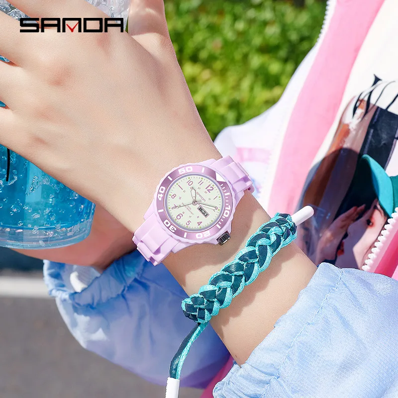 SANDA-Montre-bracelet en silicone pour femme, montres provoqué bleues, horloge de jour pour femme, marque supérieure, nouvelle mode, 1053, 2023