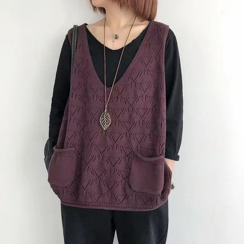 Women Vintage Simple Casual Hollow Pockets Solid Knitted Sweater Vest Spring Autumn V Neck Sleeveless Loose Outerwears Waistcoat