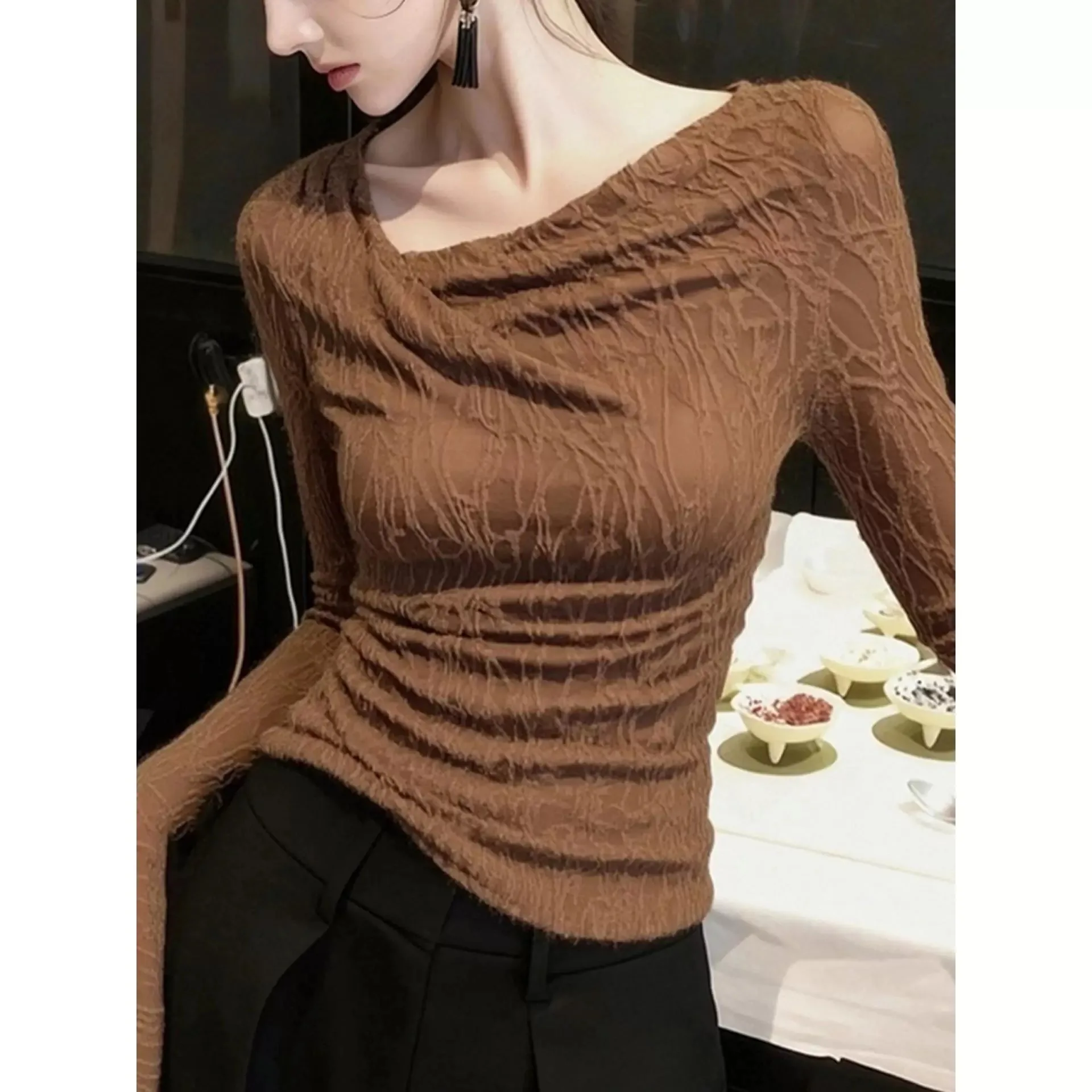 Fashion Women's Brown Long Sleeve Slim Knit Top, Asymmetric Slant Collar Design, Elegant Basic Shirt New