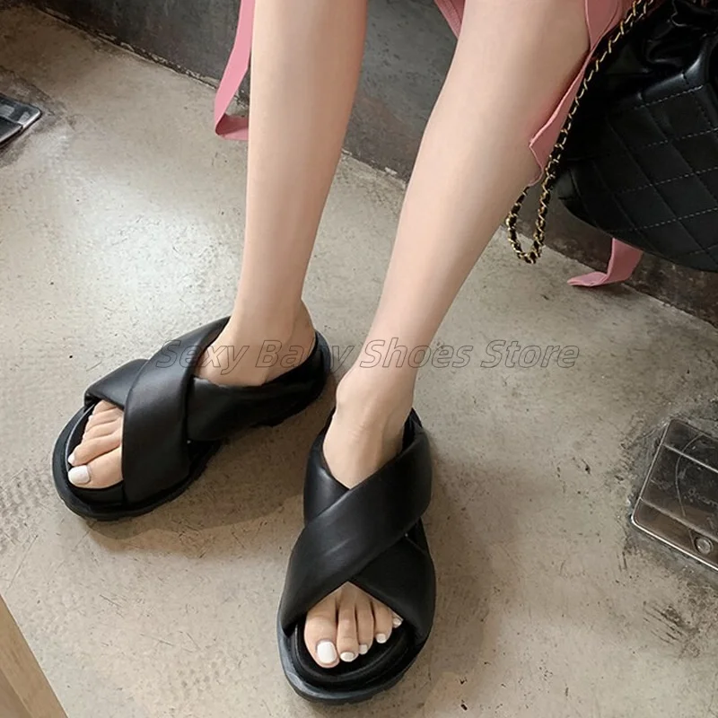 Soft Sheepskin Thick Sole Height Increasing Cross Band Sponge Cake Women's Cool Mop Round Head Bread Style Lazy Slippers Trendy