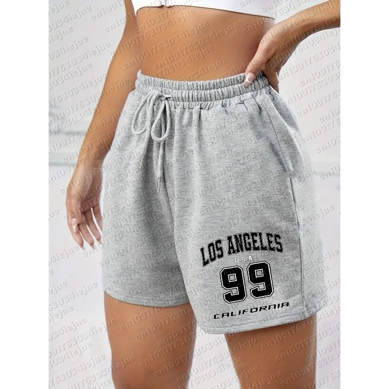 Women's Kid Los Angeles 99 California Print Casual Jogger Shorts - Heather Grey Elastic Waist with Adjustable Drawstring