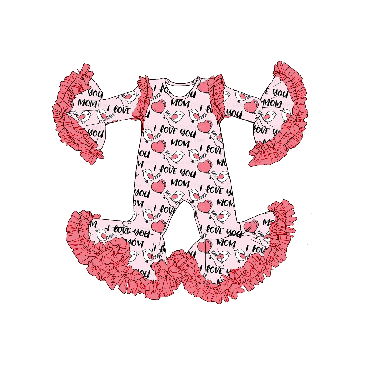 Tot Body de encaje de manga larga para el Día de San Valentín estampado "I Love you MOM" en forma de corazón hecho de tela de seda de leche al por mayor