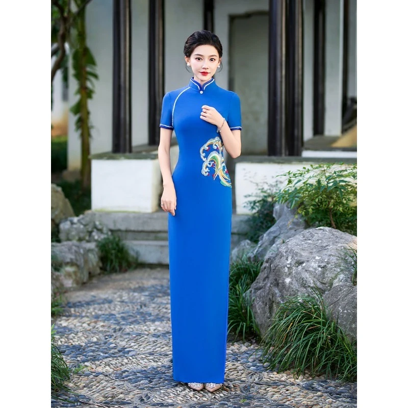 

Cheongsam 2026 new royal blue high-end temperament high-grade long stage performance clothes