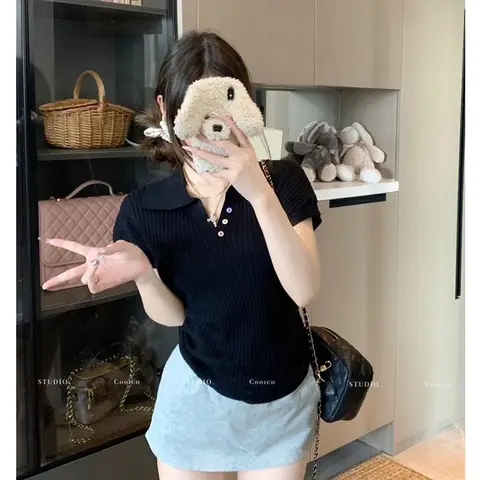 Koreansk stil vintage enkel smal kortärmad t-shirt sommartemperament elegant mode pendling enfärgade toppar damkläder 10 best sales Koreanska kläder - №4