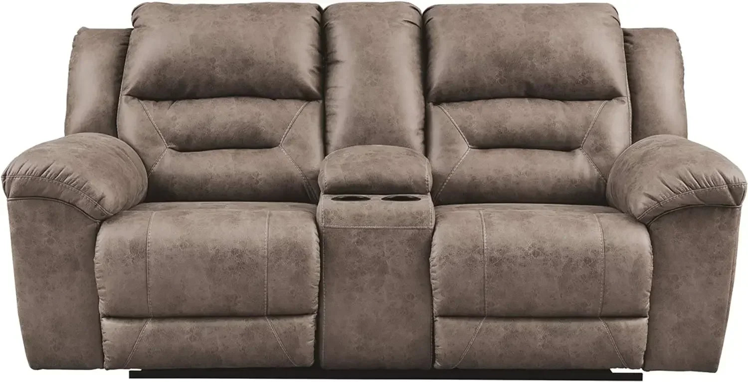 

z Faux Leather Manual Double Reclining Loveseat with Center Console, Light Brown