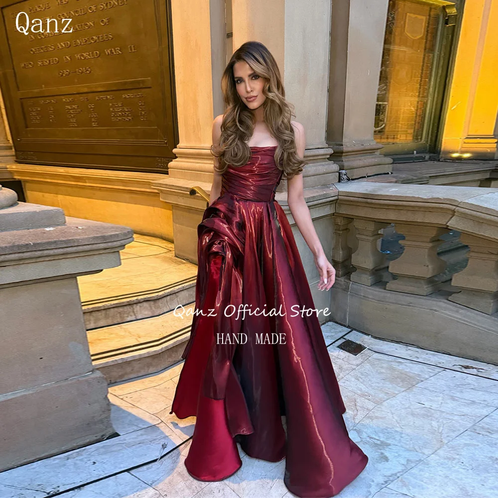 Vestido de fiesta Qanz Deep Burgundy, vestidos formales de noche largos de satén brillante para mujer, Vestidos de Fiesta sin tirantes personalizados