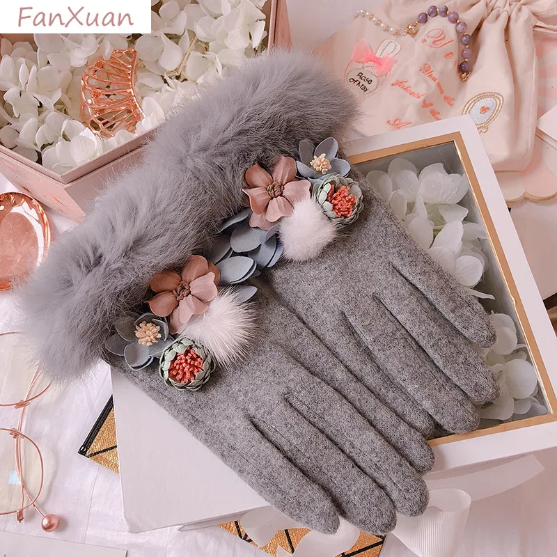 women-gloves-winter-autumn-black-gray-pink-cashmere-plush-lining-rabbit-fur-wrist-flower-luxury-elegant-gloves-for-women-gift