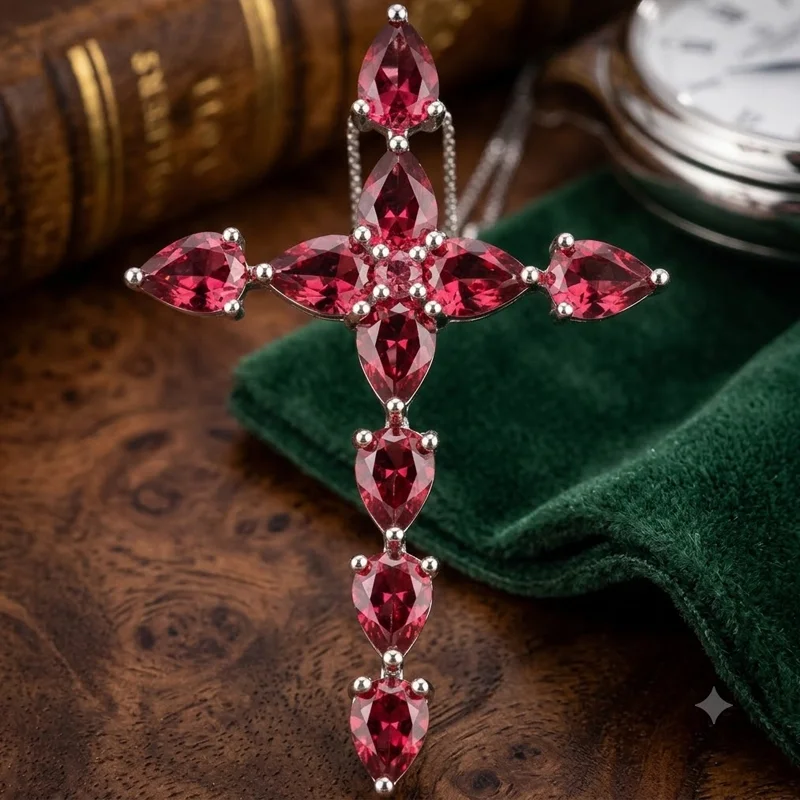 Buy 5 Get 1 Free 51x35mm Cross Red Blood Ruby Rich Blue Violet Tanzanite CZ Daily Wear Women Silver Pendant