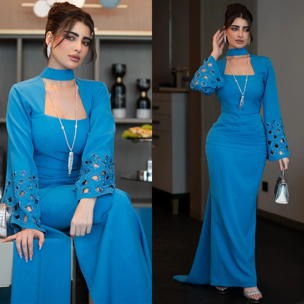 

Customized Formal Jersey Evening Dress Fashion Square Collar Long Sleeves Celebrity Gowns Exquisite Special Occasion Gowns