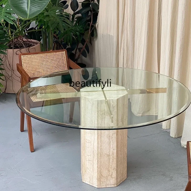 Nordic light luxury natural travertine dining table art small apartment model house tempered glass countertop negotiation table