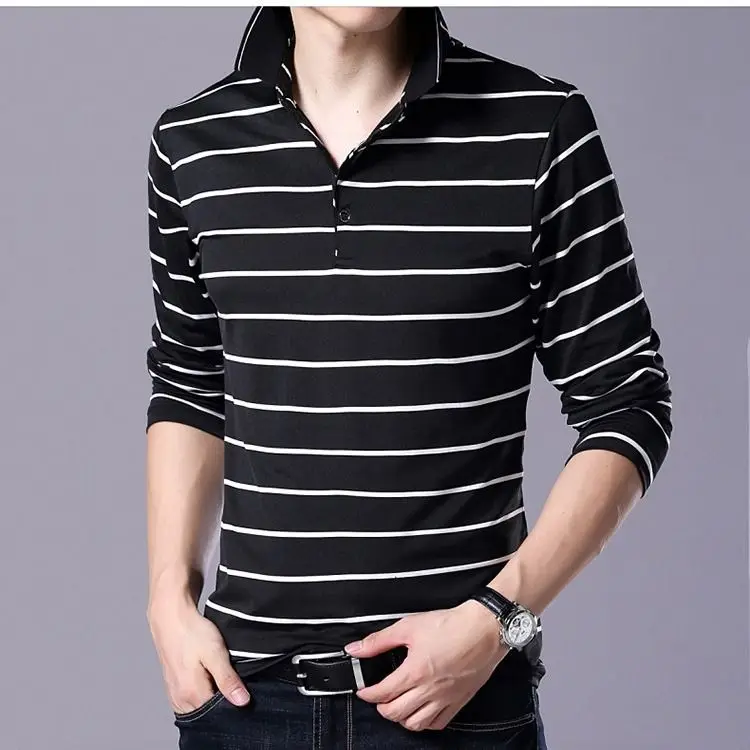 Korean High-end Pure Cotton Long Sleeved PoloT Shirt Slim Lapel Button Business Casual Black and White Striped High Elastic Top