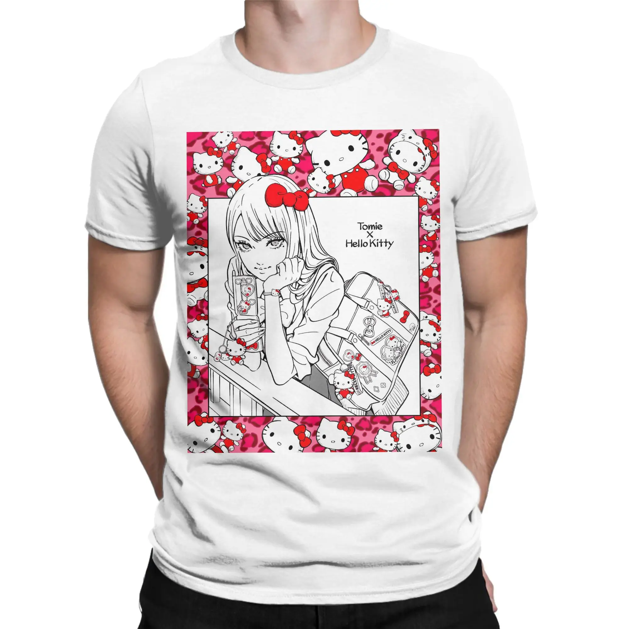 

Tomie x hello kitty T-Shirts for Men Funny Pure Cotton Tee Shirt O Neck Short Sleeve T Shirts Original Clothes