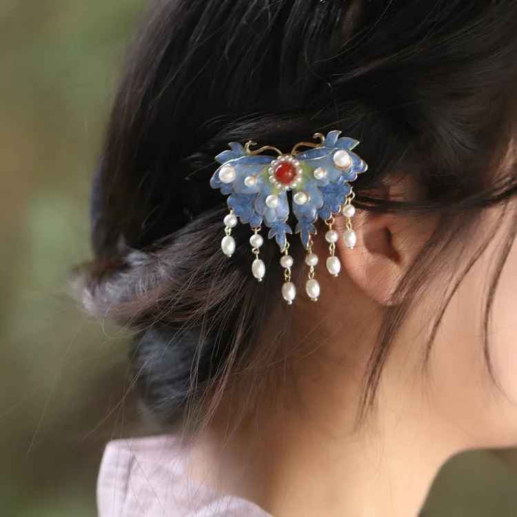 Chinese Classical Style Women's Side Clip Burnt Blue Hairpin Butterfly Antique Hair Accessory Retro Headpiece Back Clip