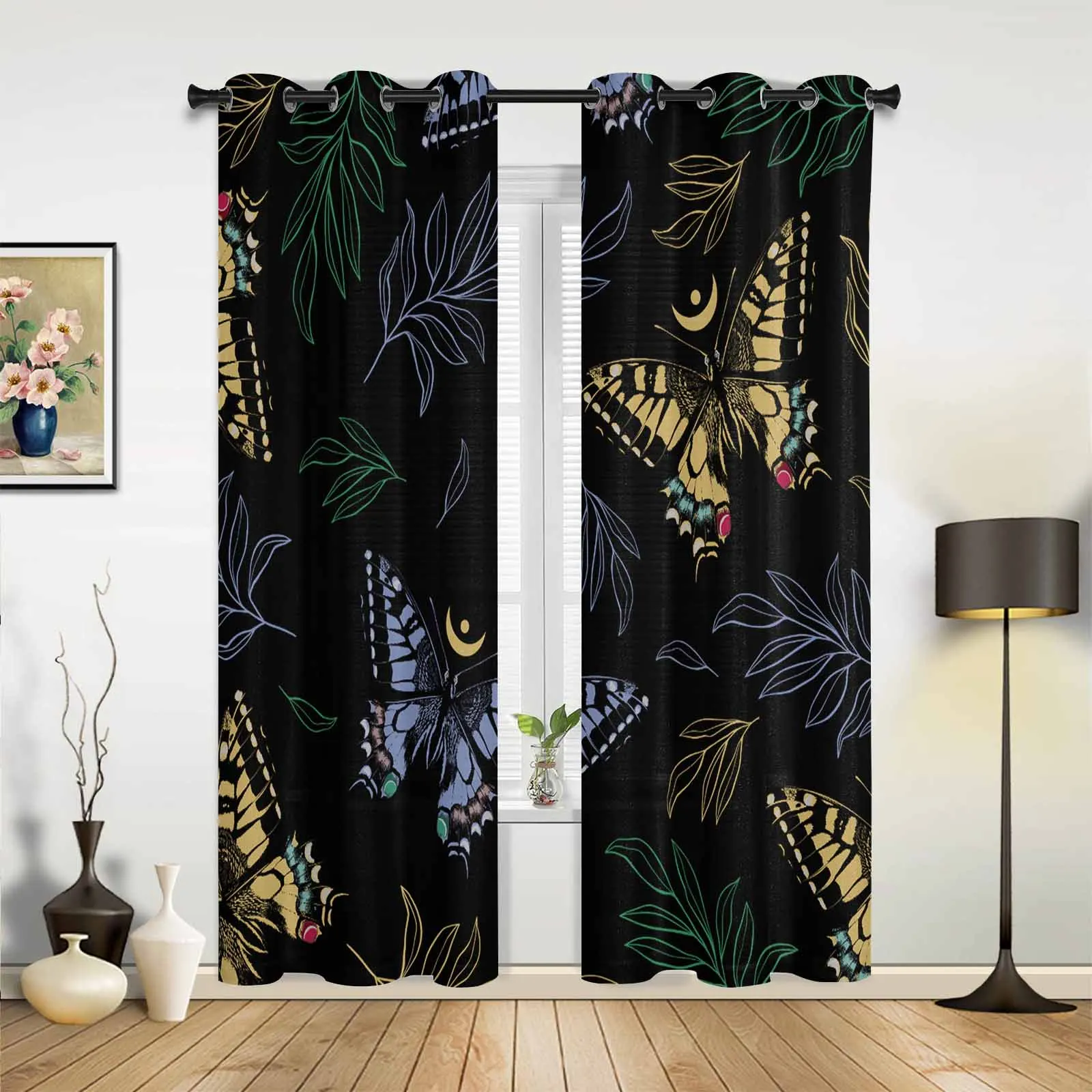 Line Butterfly Watercolor Plant Retro Modern Hall Curtains for Living Room Bedroom Window Curtains Panels Drapes