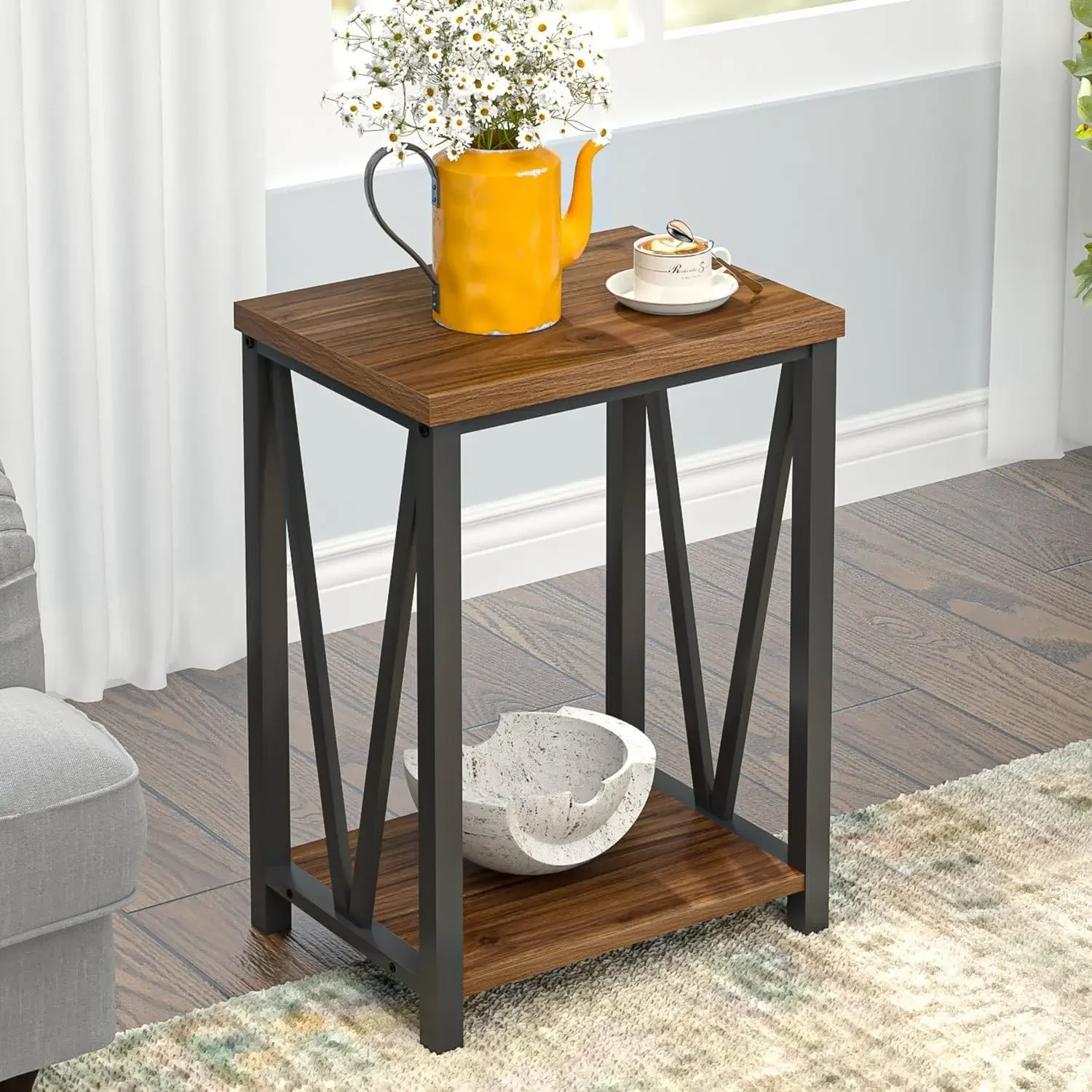 

Small End Table, Rustic Wood and Metal Side Table with Storage, Modern Night Stand for Living Room Bedroom Office, Walnut