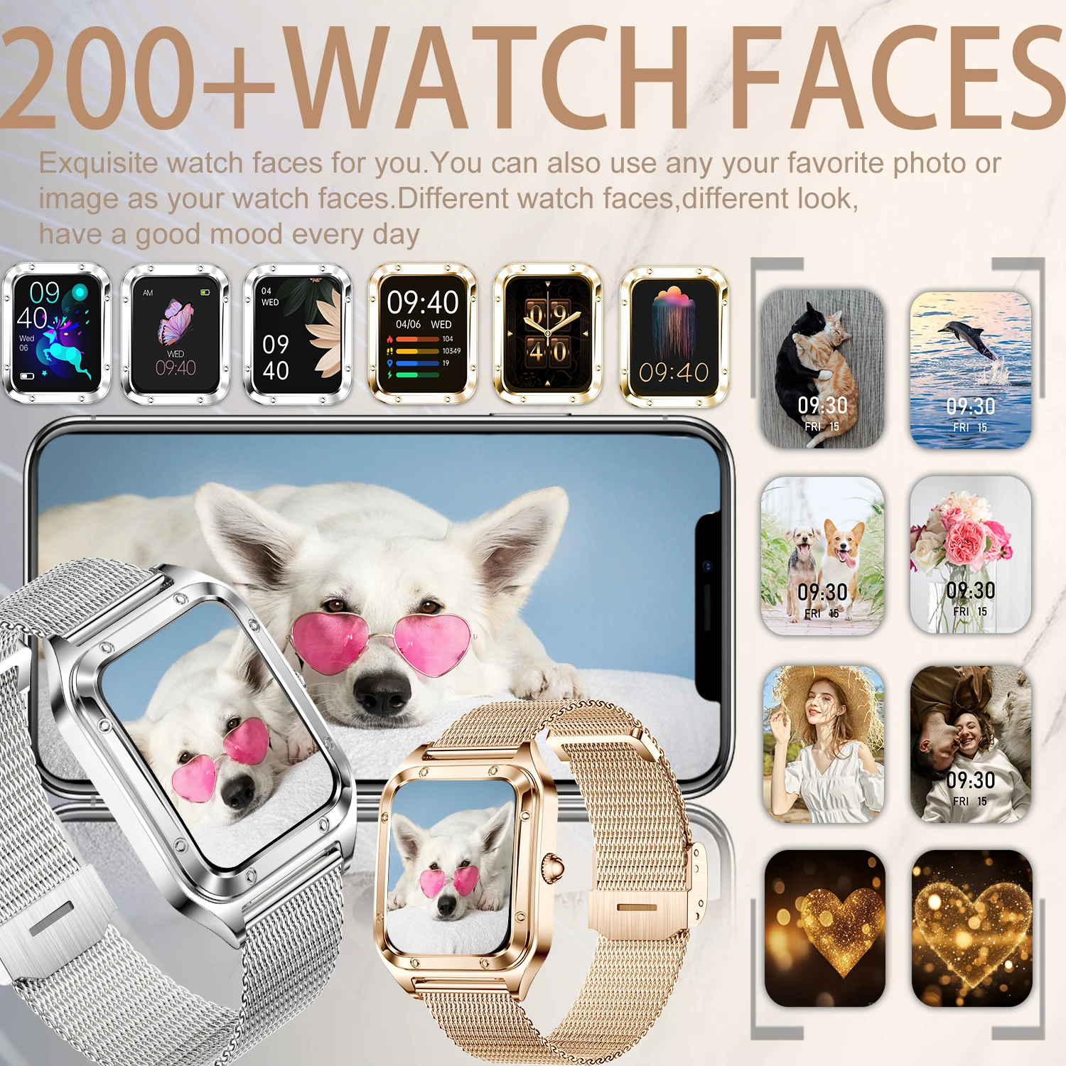 Dames smartwatch (antwoord/oproep maken) voor iPhone/Android, fitnesstracker/100+sportmodi/200+horloge gezichten/1,59" scherm, ideaal cadeau