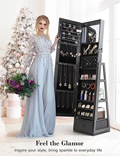 360° Swivel Jewelry Cabinet with Lights, Full Length Mirror, Black | Standing Mirror Jewelry Cabinet, Lockable Mirror with