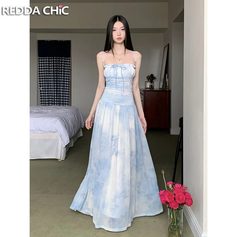

ReddaChic красивое и элегантное женское вечернее платье с принтом тай-дай без рукавов, корсет из бисера, длинное платье макси с рюшами и бантом, праздничная летняя одежда