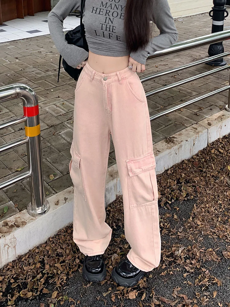 Korean Style Gyaru New Pink Design Jeans Women Fashion Pockets Slim Wide Leg Pants Autumn 2024 Streetwear Loose Denim Trousers