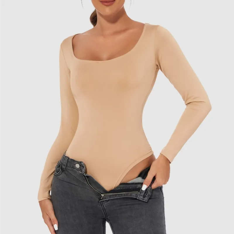 

Women Underwear Open Crotch Long Sleeve U Neck One-Piece Bodysuit Waist Trainer Body Shaper Sheath Flat Belly Shapewear