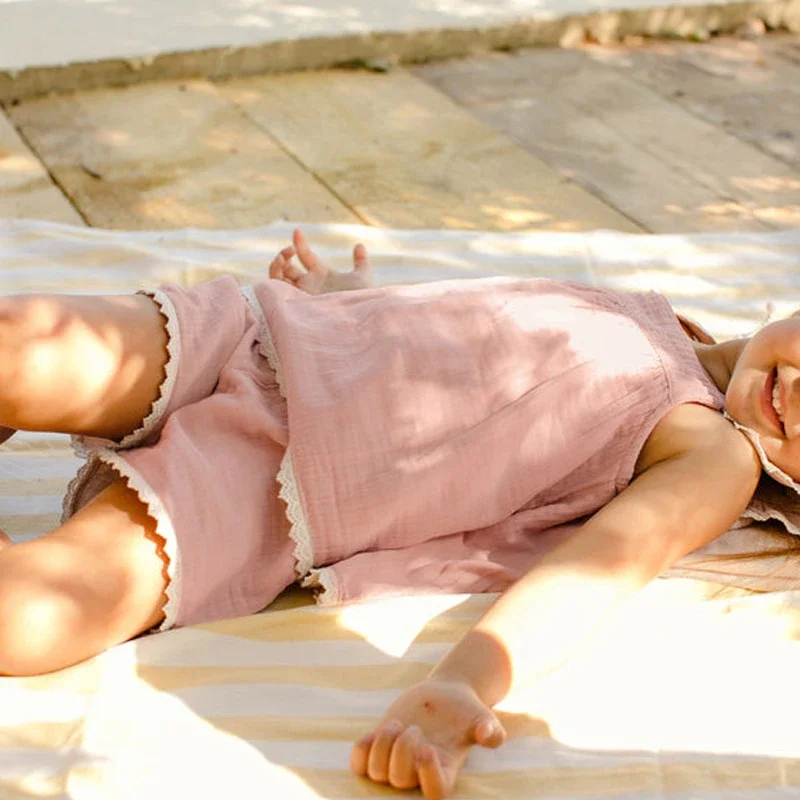 Girls Pink Ruffled Sleeveless Tops Shorts Two-Piece Set 2026 Summer New Children\'s Casual Homewear Cotton Gauze Camisole Suit