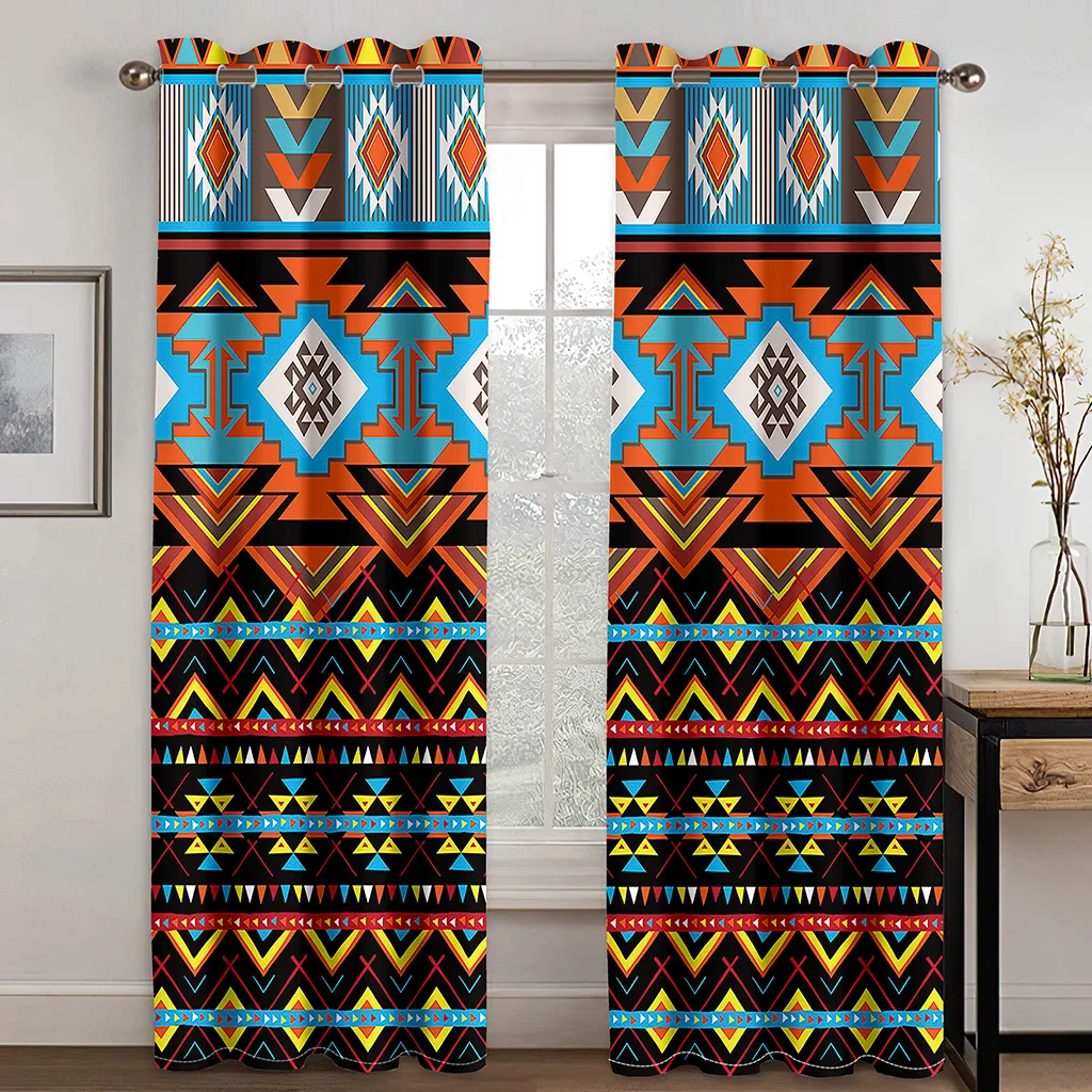 Black White Ethiopian Traditional Design Pattern Shade Curtains 2 Panels Bohemian Style Living Room Bedroom Home Decor Curtains