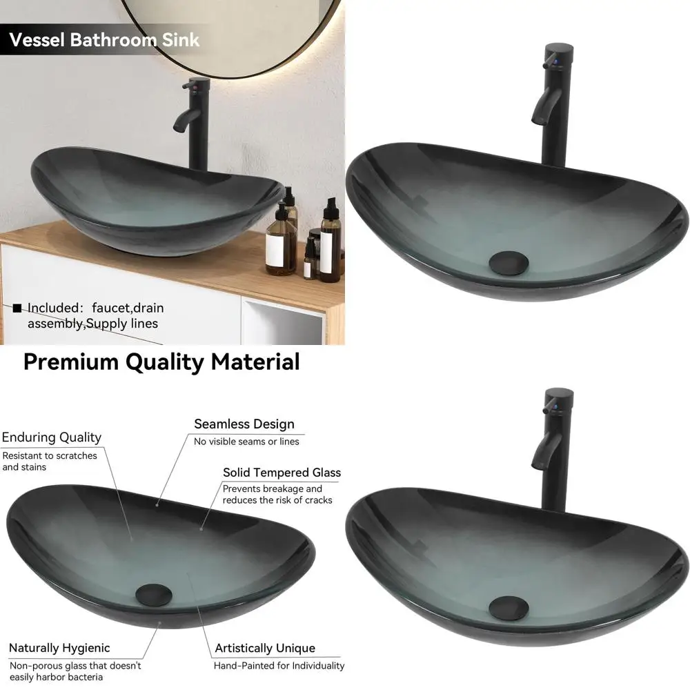 Glass Vessel Sink with Faucet and Pop-Up Drain, Black or White Options
