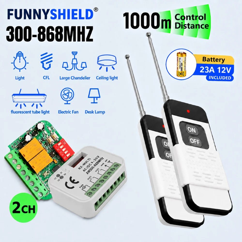 FUNNYSHIELD RF 300-868MHz 2CH Wireless Remote Control Switch 9V-30V 1000 Meters Relay Receiver for Electric Device Light 433MHz
