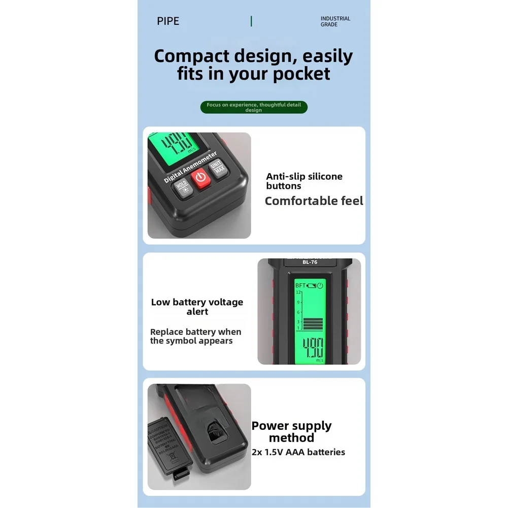BL-76 Digital Airflow Meter with One-Button Max Capture and Clear Backlit Screen for Instant Air Speed Reference